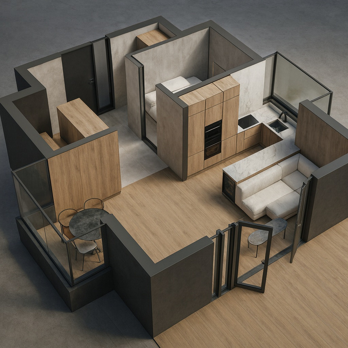 Minihus, 52 m² grunnflate — 3D-snitt